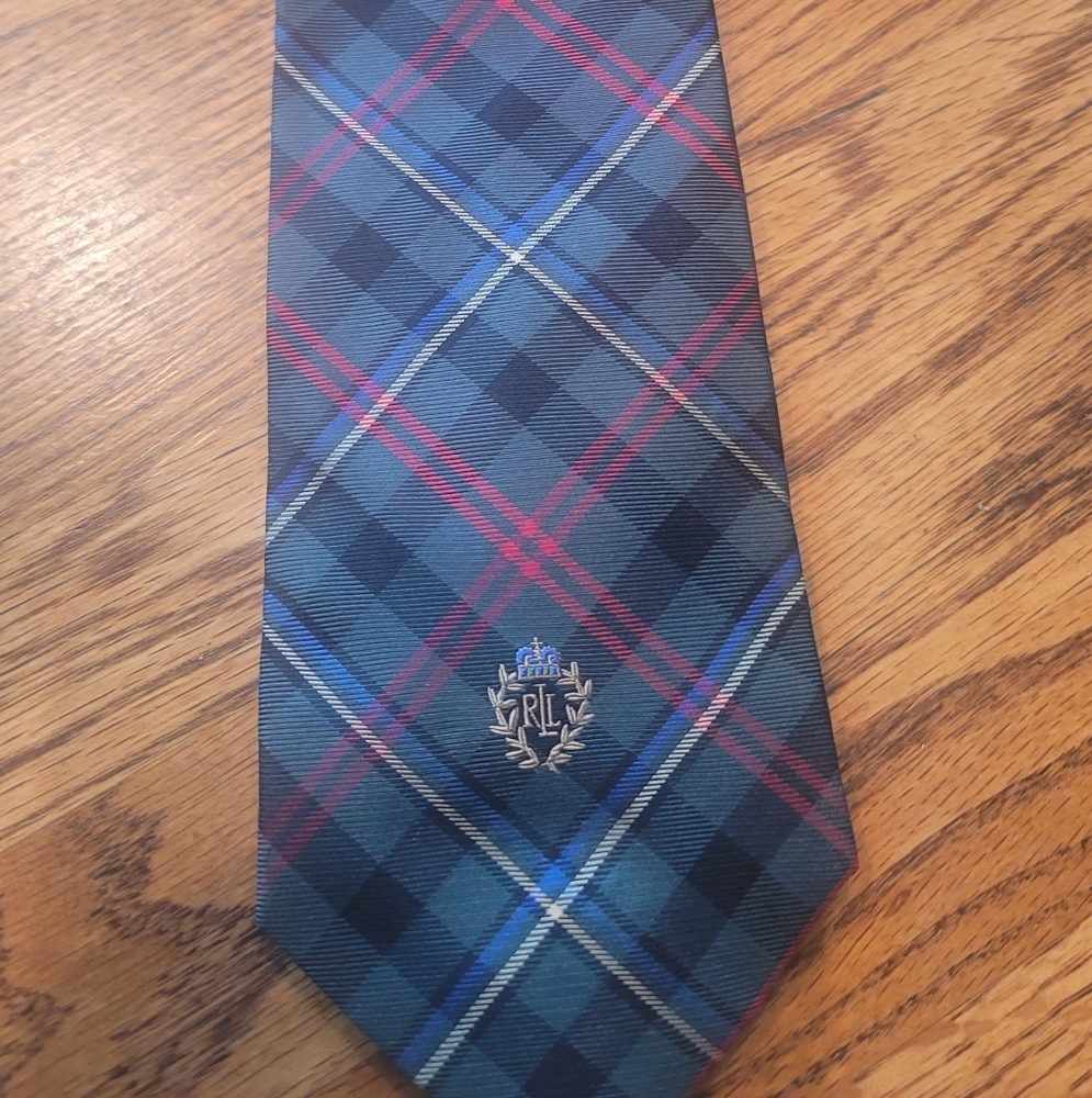 NWOT Ralph Lauren Silk Blue Green Red Plaid Logo Tie